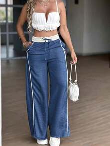 Y2K Light Greenish-Gray High Waist Wide Leg Pants, Loose Casual Trousers With Drawstring, European & American Style, Versatile & Slimming Straight Leg Pants For Spring/Summer - 藏蓝色 - 查看 4