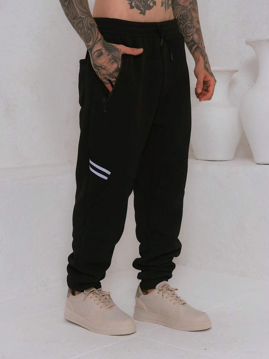 Men's Fleece Sweatpants / Zippered Pockets / Elastic Waistband - 黑色 - 查看 1