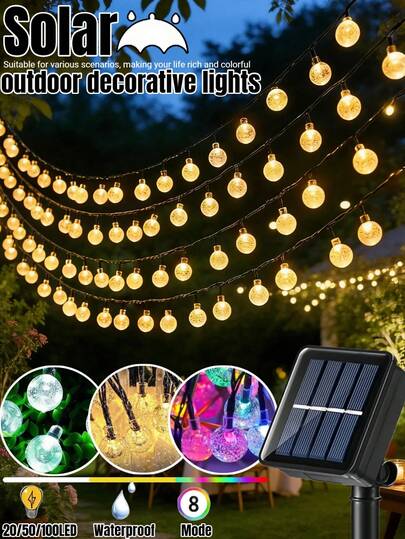 1个太阳能LED水晶泡泡球串灯，8种功能按钮控制，20/50/100颗LED水晶球形仙女吊灯，户外IP65防水，适用于庭院、花园、门廊、阳台、派对装饰、婚礼、复活节、露营装饰、节日庆典 - 暖白光/彩色/白光