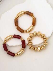 3pcs Vintage Multi-Layer Brown Acrylic Beaded Bracelet, Transformable Gold Chip Bracelet, For Women, Couples, Party, Daily Wear - 三件套 - 查看 4