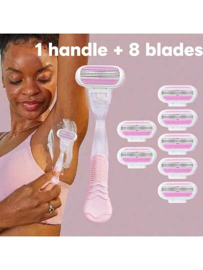 Manual 1 Grip + 4/8 Blade Female Hair Removal Gift For Girls, Essential Travel Item (Blade Body + Head + Storage Box), Barber Shop Beauty Travel Essentials Travel Accessories Travel Necessities, Beach Vacations, Summer Holidays, School Supplies
