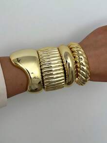 4/1 套装复古简约波浪形亚克力树脂材质手镯，适合女性日常佩戴，可叠戴，是节日送礼的完美之选 - 金色5 - 查看 4