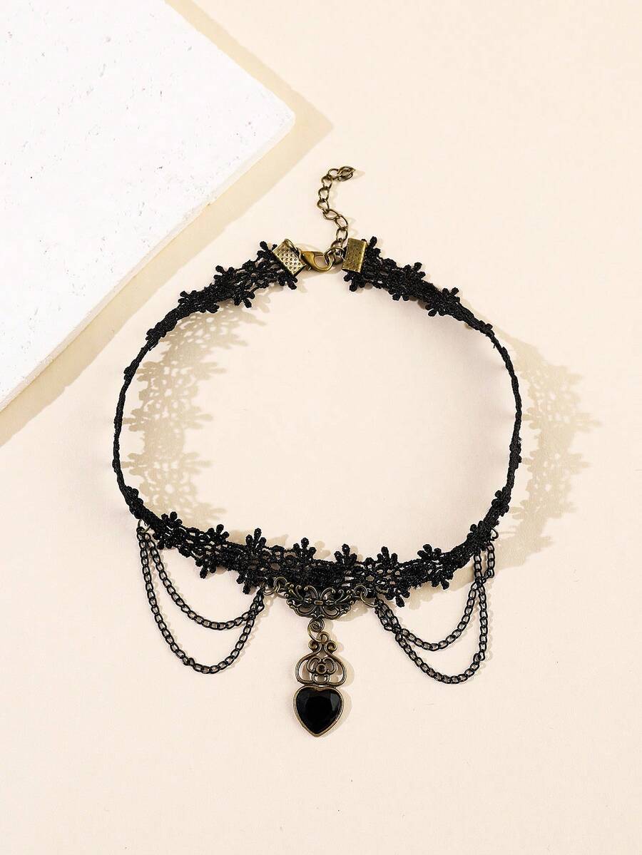 1pc Women's Retro Gothic Lace Heart Pendant Choker Necklace - Multicolor - View 1