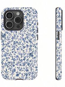 蓝色花卉图案二合一磨砂手机壳，兼容 16、15、14、13、12、11、Pro Max 和 Plus。 - 彩色 - 查看 1