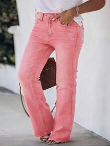 Plus Size Women's Denim Flare Leg Jeans, High Stretch Ripped Boho Style Long Pants With Button And Pocket Details, Perfect For Fall Season Casual Pink - Pink - View 2