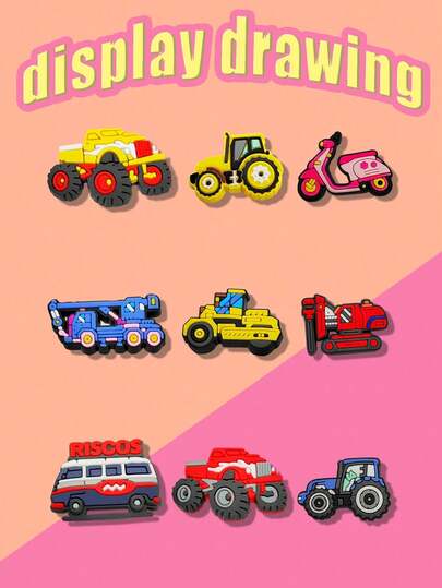 9pcs Car Themed Shoe Charms - Removable PVC Shoe Decorations, Multiple Colors (Red, Blue, Pink Etc.), Cartoon Design, Cute DIY Sandal Accessories, Birthday, Christmas & Valentine's Day Gifts, Shoe Charm