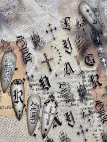 1 Sheet Black & White Gothic Nail Art Stickers - New Arrival - Fashionable Rebellious - Exquisite Letter, Cross, And Star Patterns, Suitable For DIY Personalized Nails, Ideal Choice For Gothic Nail Art Enthusiasts - Đen 2 - Xem 1