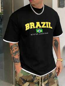 Áo thun nam in hình, áo bóng đá Brazil kiểu retro, trang phục thường ngày dành cho người hâm mộ bóng đá, áo bóng đá, kiểu dáng vừa vặn, cổ tròn. - màu đen - Xem 3