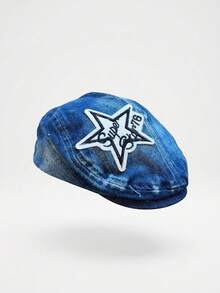 1pc Toddler Boys' Blue Embroidered Star Beret Hat, All Season Versatile Washed Distressed Baseball Cap - 1PC - View 14