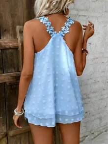 Damen Chiffon Cami Top mit Blumen-Applikation, V-Ausschnitt, normale Länge, lässig Sommer - hellblau - Übersicht 5