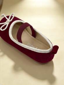 1 Pair Girls' Mary Jane Flat Shoes With Bow, Round Toe Elastic Band, Suitable For Daily Dresses - Burgundy - View 8
