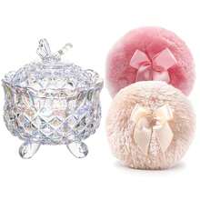 Luxury 4 Inch Glass Powder Container With 2 Soft Puffs For Loose Powder - 1 Puff beige y 1 lazo rosa con un color deslumbrante de mariposa - Ver 1
