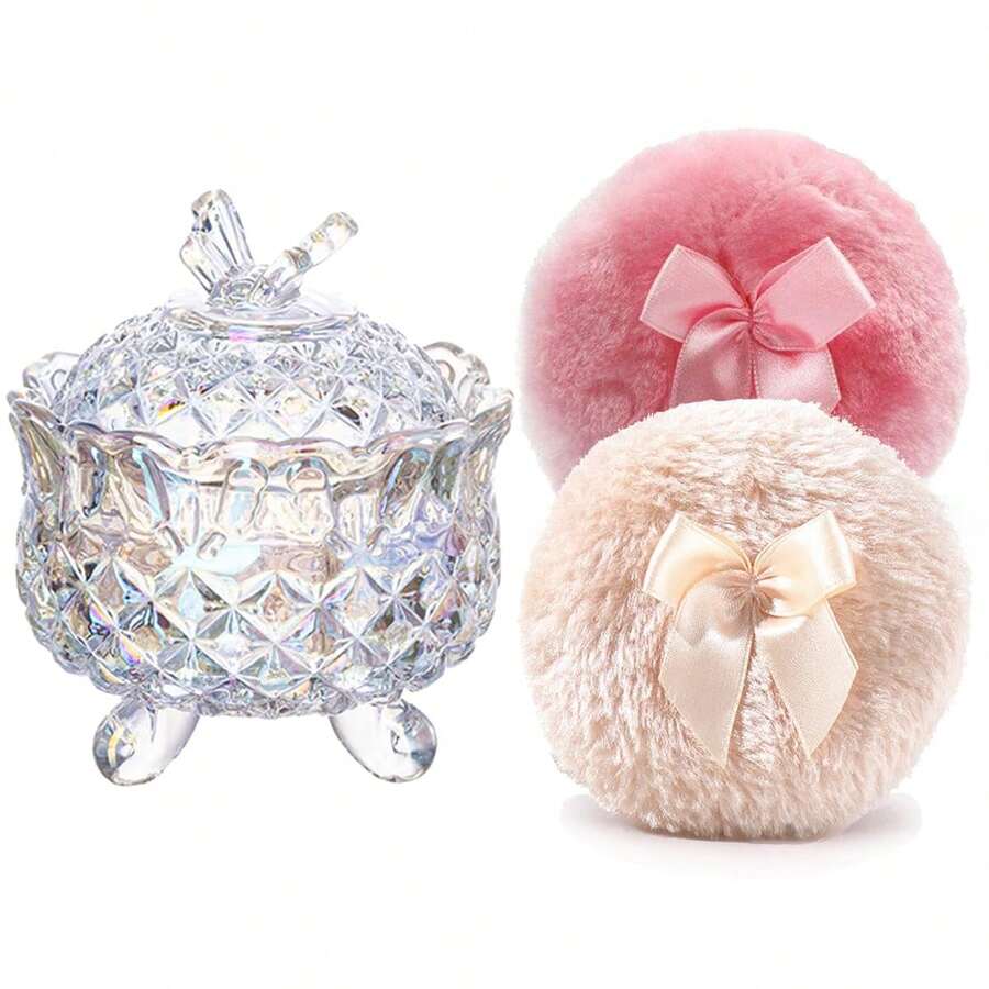 Luxury 4 Inch Glass Powder Container With 2 Soft Puffs For Loose Powder - 1 Puff beige y 1 lazo rosa con un color deslumbrante de mariposa - Ver 1
