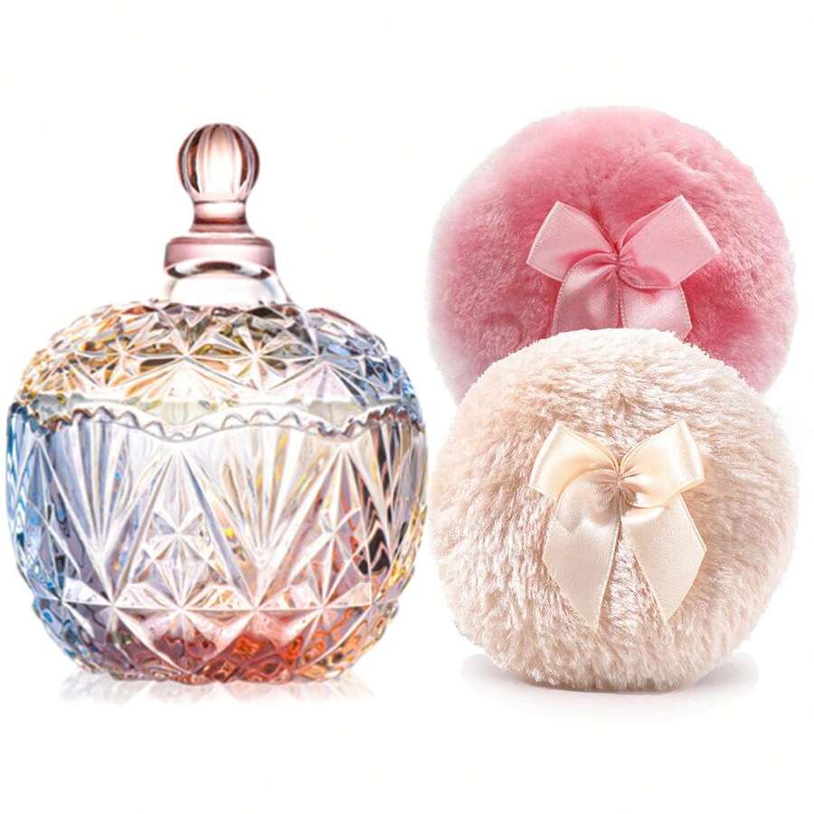 Luxury 4 Inch Glass Powder Container With 2 Soft Puffs For Loose Powder - 1 Beige 1 Pink Bow Puffs With Crown-colorful - View 1