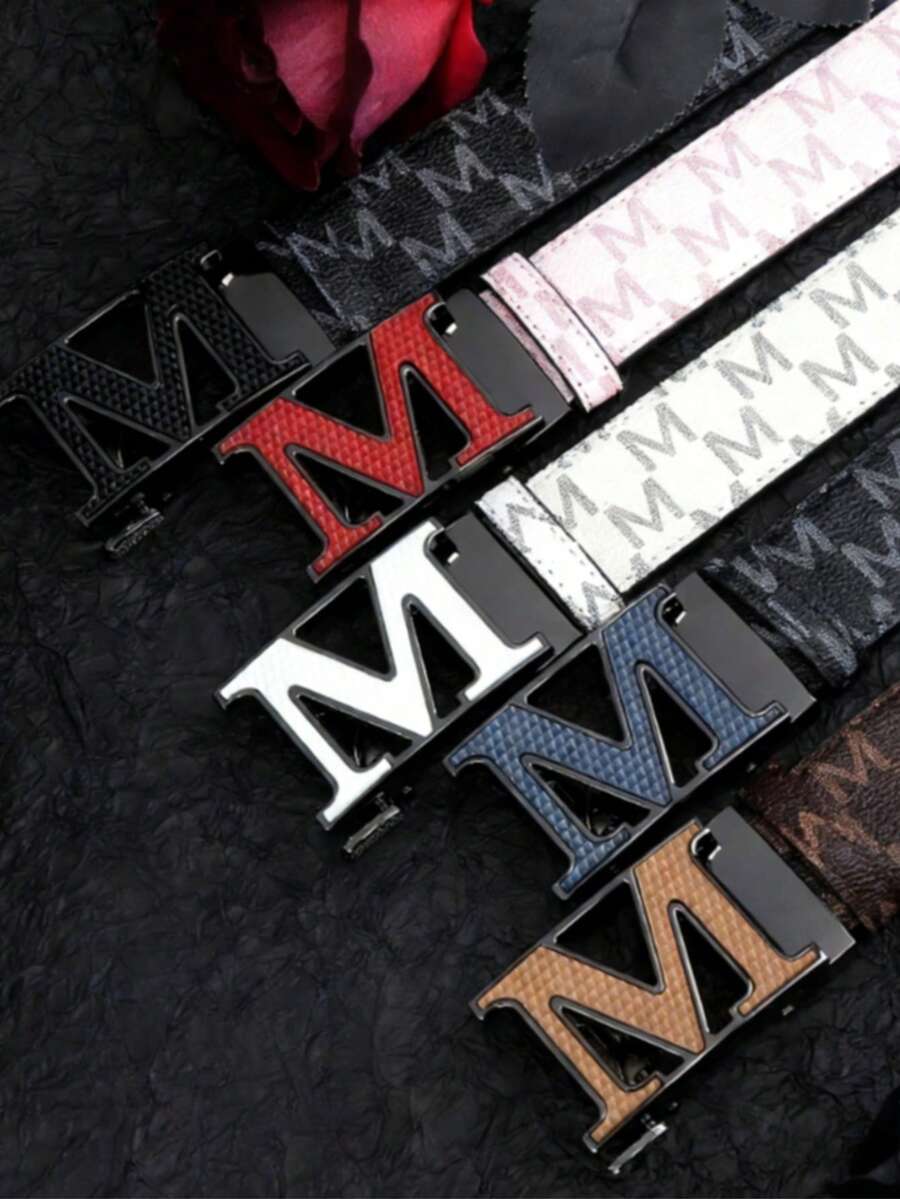 1pc 2024 Autumn/Winter New Lightweight Business Belt, M Letter Alloy Automatic Buckle Leather Belt, High-Quality Letter Belt, Business & Casual Waist Belt, Fashionable Versatile Pants Belt, Minimalist Men's Leather Belt - Multicolor - View 1