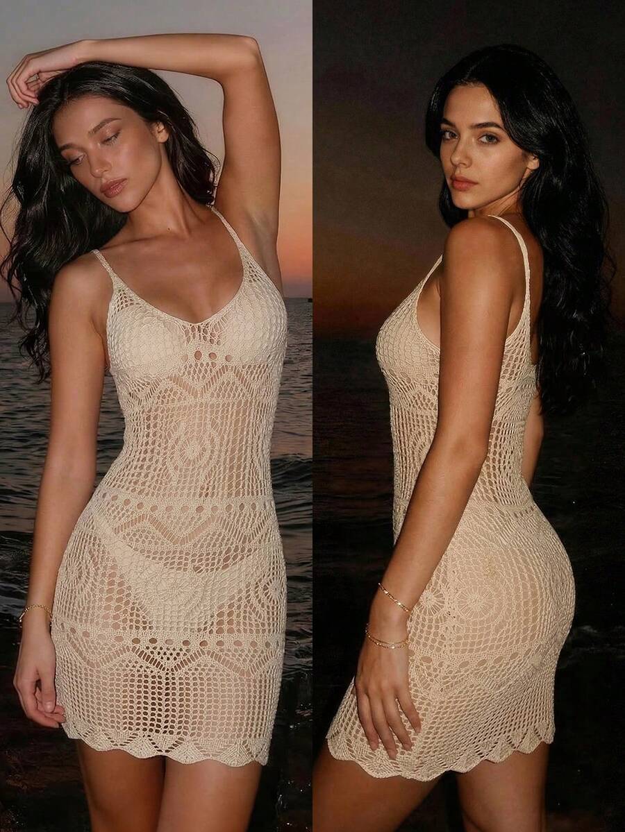 Retro-Style Women's Summer Vacation Hollowed-Out Solid Color Cover-Up Sexy Mini Dress, Beach, Travel, Bohemian Style.