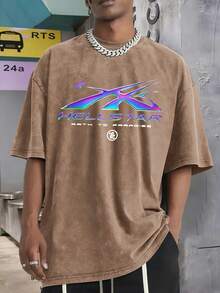 Men's Oversized Washed Graphic T-Shirt Hell Flame Star Silver Print Vintage Streetwear Tee - 咖啡 - 查看 2