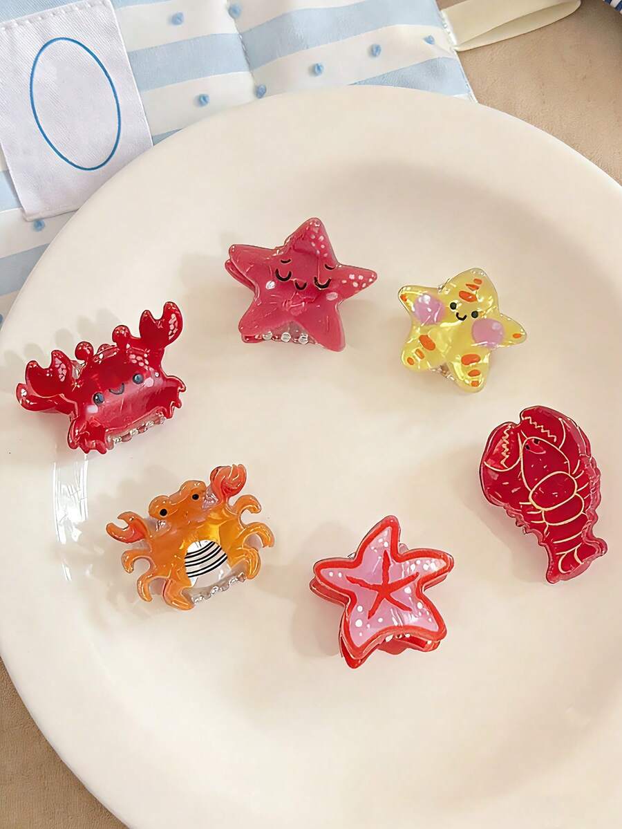 1个可爱有趣的海洋动物造型醋酸纤维小发夹，甜美海星螃蟹龙虾发夹刘海夹，适合夏季海滩度假 - 彩色 - 查看 1