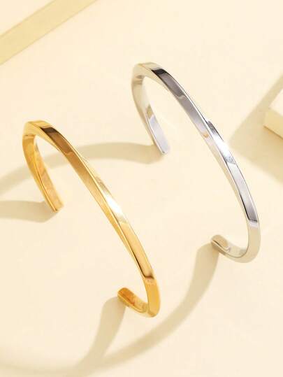 1pc Fashionable Vintage Thick Metal Twisted Geometric Open Bangle Bracelet, 18K Gold Plated Stainless Steel Jewelry Accessory For Dress Up And Daily Wear