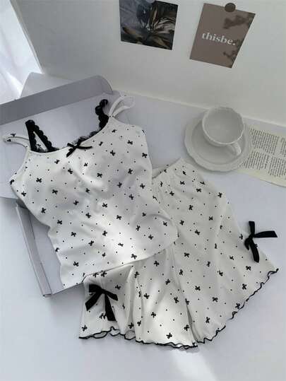 Women's Summer Camisole Pajamas, New Design With Padded Bust, Bow & Lace Trim, Sleepwear