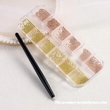 1 Hộp gồm 12 hạt bi thép nhỏ trang trí móng tay màu vàng bạc nhiều màu, 1 bút từ tính hình cầu dùng để trang trí móng tay. - Nhiều màu - Xem 13