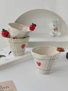 Cabin Kangaroo 1个手工陶瓷杯，3D草莓苹果椒盐脆饼装饰，不规则蓝色格子图案，复古咖啡杯，可爱美观的女士水杯，礼品及日常用品 - 彩色 - 查看 6