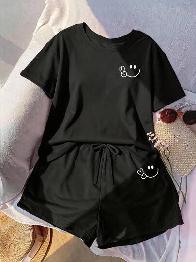 Women's Large-Size Simple And Elegant Heart-Shaped Casual Daily Wear Loose Short-Sleeved T-Shirt And Drawstring Shorts Set
