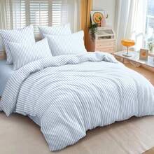 Blue Striped Duvet Cover Queen Size White Stripe Duvet Cover Dorm Bedding Set 3 Pieces Soft Lightweight Washed Microfiber Farmhouse Bedding Set Gifts For Women Men - 01 藍色條紋 - 查看 2
