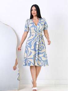 Women's Printed Dress, Flared, Casual, Elegant, Romantic Fabric - Abstract Blue - View 2