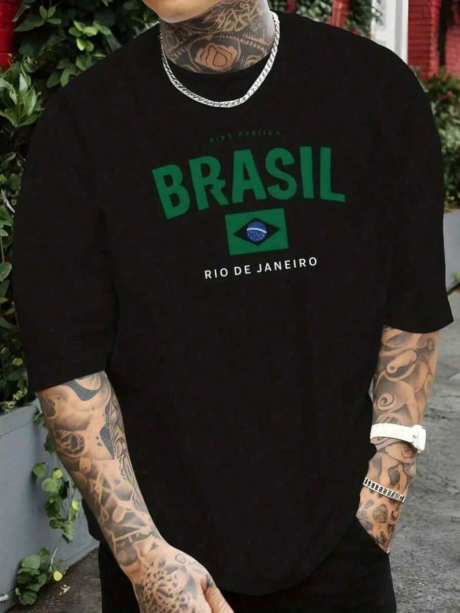 Camiseta Masculina BRASIL Moda Streetwear Lançamento 2026 Camisa 100% Algodão Fio 30.1 Penteada malha Premium. - Preto - Visão 1