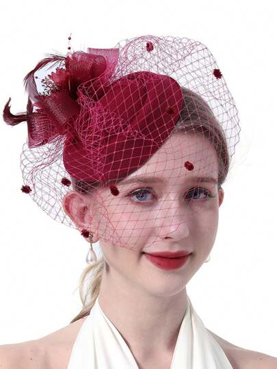 1件女士复古20、30、50年代风格头饰帽，带蝴蝶结、花朵和面纱，适合婚礼、下午茶派对等场合