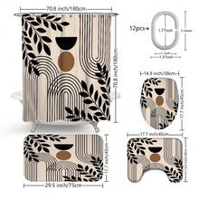 1pc/4pcs Floral Line Patchwork Multifunctional Bathroom Waterproof Shower Curtain With 12 Hooks, Anti-Slip Bath Mat, U-Shaped Toilet Mat And Round Toilet Lid Cover, Bathroom Set For All Scenarios - Multicolor - View 3