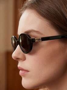 Miu Miu Black Oval Frame Gold Logo UV Protection Fashionable Women's Sunglasses, Summer Beach Style - Black - View 3