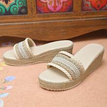 Women's Platform Slide Sandals, New Summer Fashion Thick Bottom Woven Linen Beaded One-Strap Beach Holiday Slippers - Beige - View 6