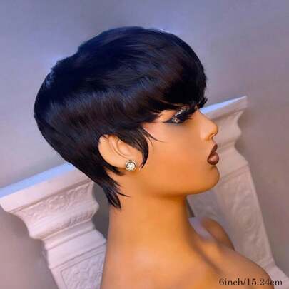 Brazilian Remy Human Hair Pixie Cut Wig, 1B Black , 99J Burgundy, 4# Brown Colored Short Glueless Wig With Bangs, Layered, Full Machine Made, Natural Black, Straight Hair, 180% Density, Rose Cap, For All Ethnicities