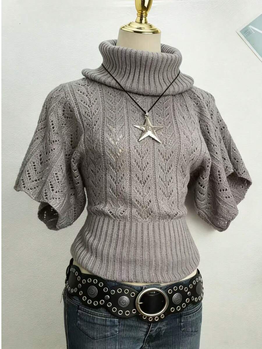 Blusa de punto calada informal, suéter de cuello alto, cintura ceñida y mangas medianas para el verano