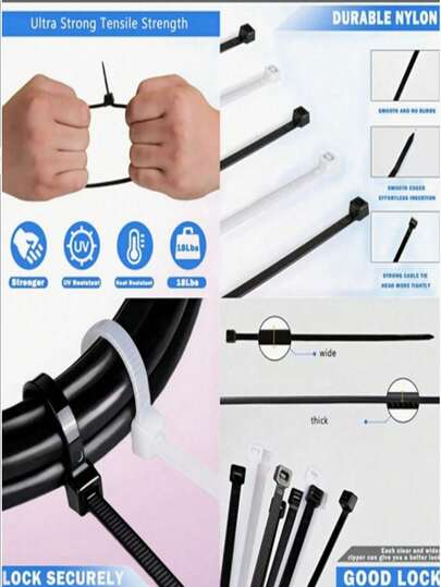 10/100条装自锁尼龙扎带，安全锁扣设计，承重力强，拉力足，经久耐用，使用方便，适用于家庭、花园、车库、工作室的线缆管理，也适用于母亲节、返校季、园艺工具、圣诞节等场合。自锁尼龙捆扎带，塑料扎带，线缆捆扎带，跨境自锁捆扎带，多用途园艺扎带。