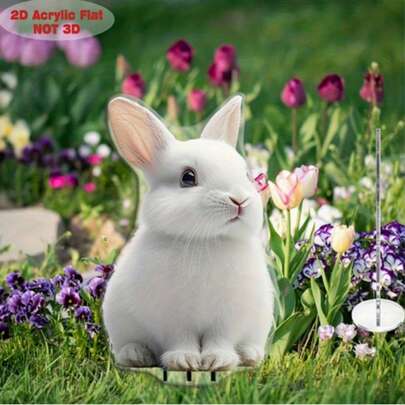 2D Flat Acrylic White Rabbit Garden Stake, Outdoor Yard Lawn Planter Decor, Suitable For 11 Holidays And 4 Seasons, Applicable For Yard And Lawn
