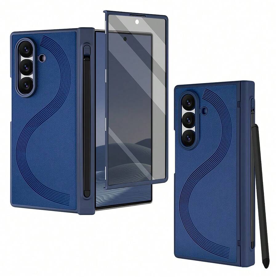 VIETAO 商务内置笔手机壳,兼容三星 Galaxy Fold7、Fold6、Fold5、Fold4、Fold 7/6/5/4,仿皮全包保护套 - 藍色 - 查看 1