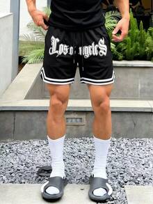 男士夏季时尚透气休闲字母印花抽绳腰篮球短裤，宽松版型 - 黑色 - 查看 4