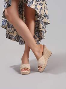 Sandal đế xuồng dây gai dành cho nữ, quai xoắn, hở mũi, đế dày, kiểu dáng thường ngày, thích hợp cho kỳ nghỉ, đi biển. - Màu be - Xem 8