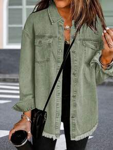 Women's Solid Color Casual Denim Jacket With Pockets & Frayed Edges, Long Sleeve, Spring Autumn - Green - View 1