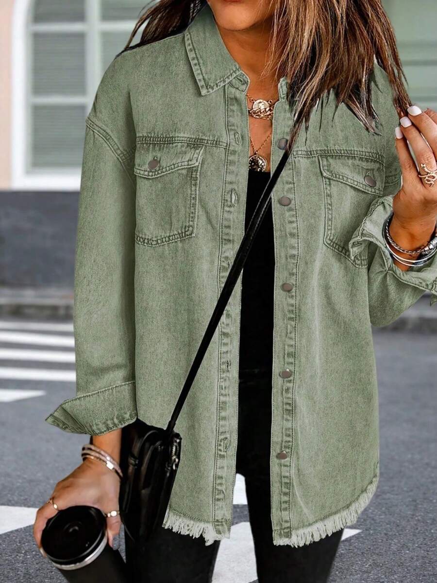 Women's Solid Color Casual Denim Jacket With Pockets & Frayed Edges, Long Sleeve, Spring Autumn - Green - View 1
