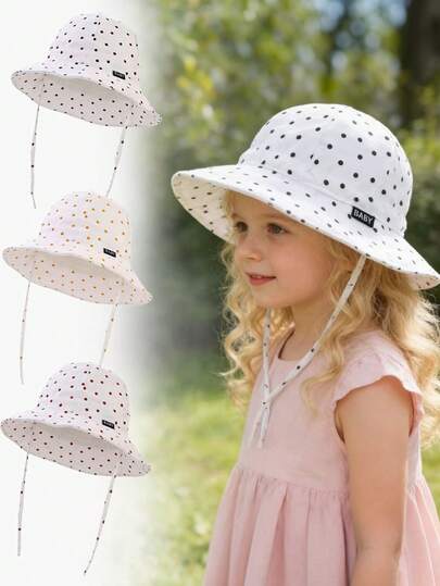 1顶婴儿儿童宽檐防晒渔夫帽，波点图案，带下巴系带，适合夏季户外海滩度假和旅行