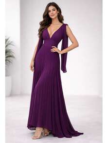Long Pleated V-Neck Dress, Perfect For Bridesmaids, Weddings, Graduations, And Parties - 紫色 - 查看 2