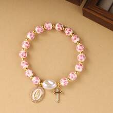 一件精美陶瓷手链，采用金珠和仿巴洛克珍珠制成，配有不锈钢圣母玛利亚吊坠，是理想的礼物/基督教珠宝/宗教礼品。 - 彩色 - 查看 4