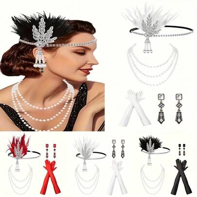 六件套 1920 年代复古新娘仿羽毛头饰套装，适合派对、舞会、圣诞节等场合，是舞会必备服饰搭配的理想之选。复古风格带您回到 1920 年代，让您更显魅力、独特和美丽。羽毛头饰饰有羽毛和宝石，搭配优雅的复古缎面手套。