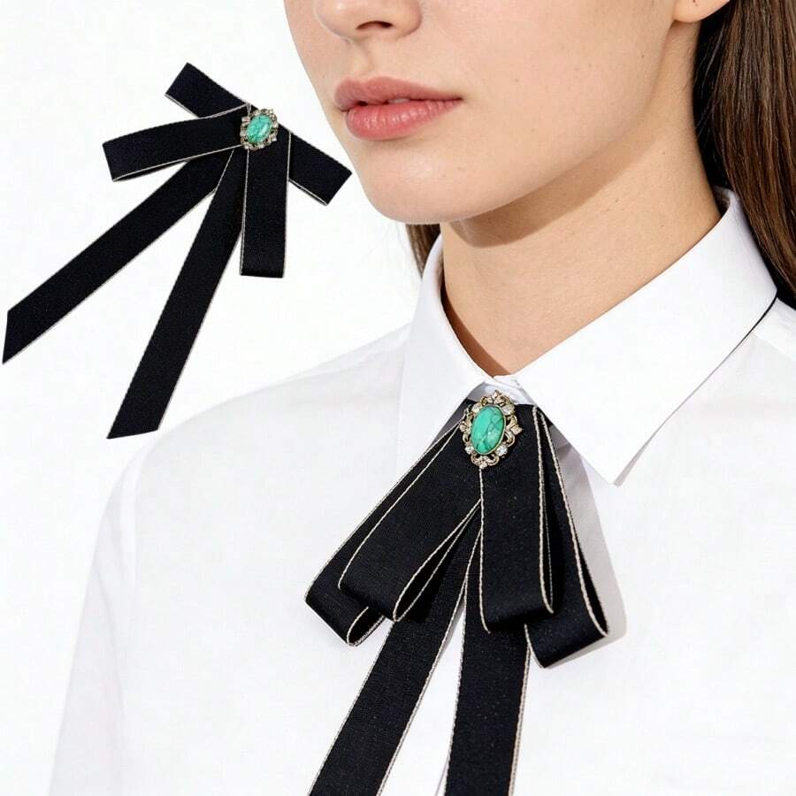 1件宝石镶嵌优雅领结，JK风格黑色蝴蝶结，女士衬衫配饰，时尚百搭的高端工作装点缀 - 彩色 - 查看 1