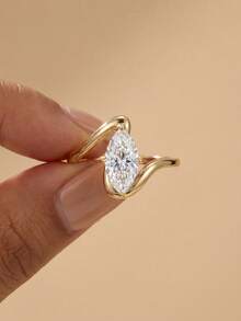 1件/套 925纯银扭纹水滴V形戒指，优雅派对/周年纪念礼物，女士珠宝 - 金色 - 查看 2