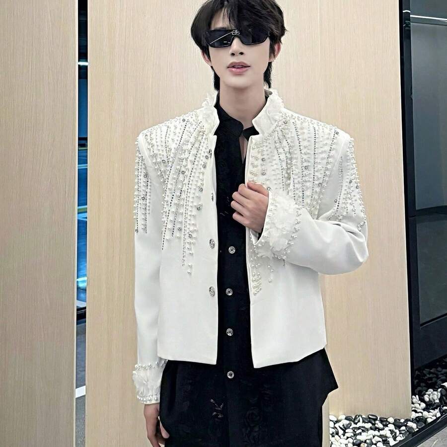 Spring And Autumn Rhinestone Suit Top, Artistic Pearl Jacket Jacket, Performance Stage Short Style - 白色 - 查看 1